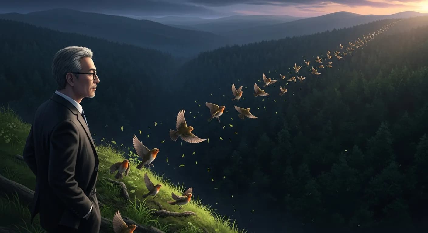 「奥野信太郎」「駒鳥は巣立ちしてまもなく林の中を一直線に飛翔するという。 そして多くの若い駒鳥が樹木に衝突して地に落ちる。」の画像