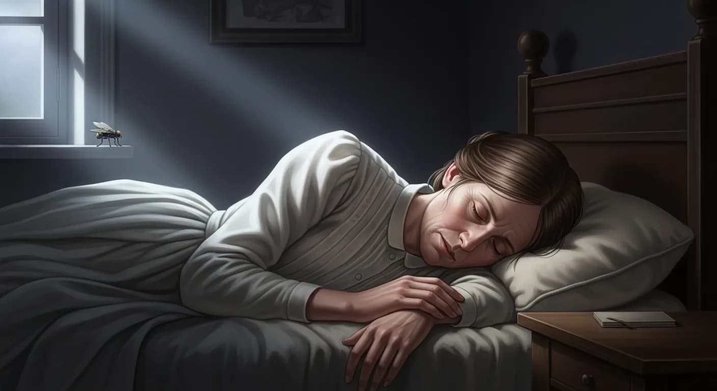 「エミリー・ディキンソン」「私が死んだとき、一匹の蝿がうなるのを聞いた。 部屋の中の静寂は、嵐の高まりの間の大気の静寂のようだった。」の画像